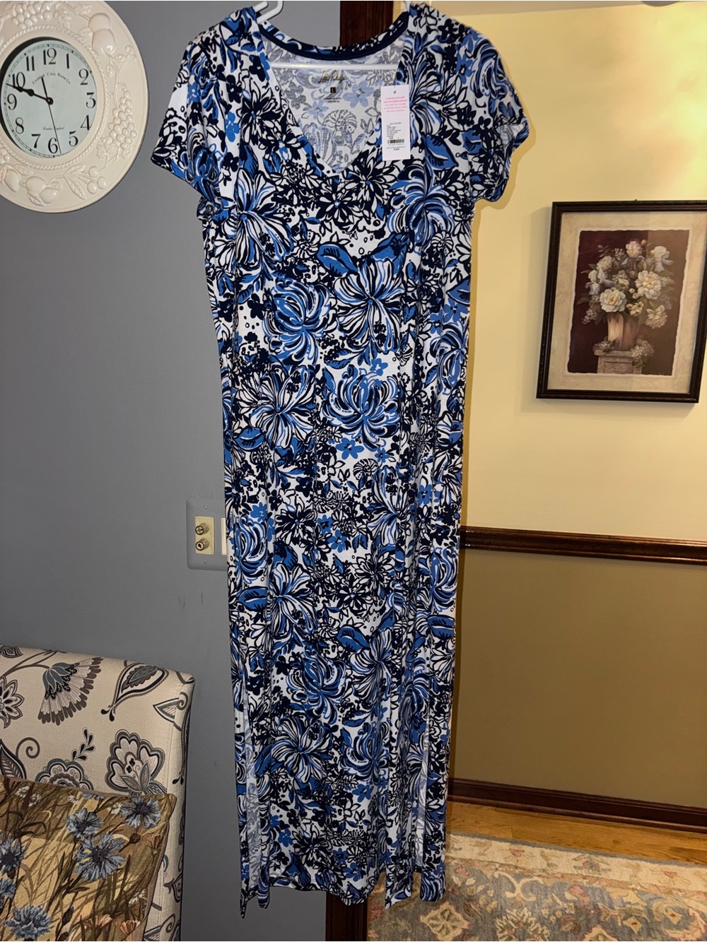 NWT Lilly Pulitzer L Large Etta Maxi Dress Low Tide Navy Blue Pandarama V-Neck